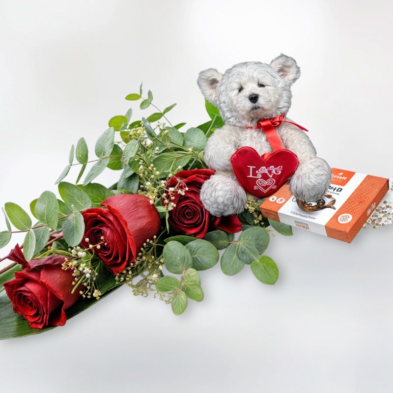 Bouquet of Roses with Teddy Bear and Chocolates at home. give flowers