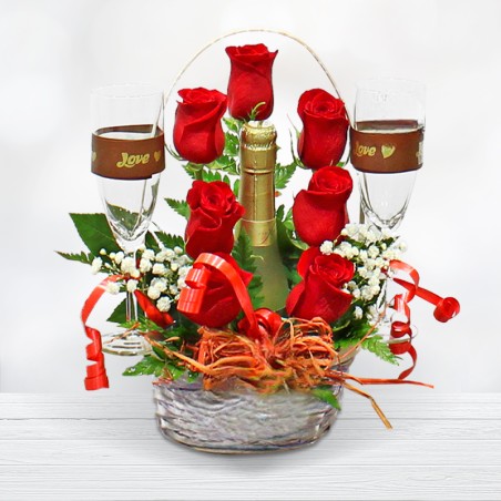 Roses, Bottle of Cava and glasses in a Nice Basket